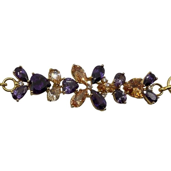 Gold-tone Floral Bracelet With Purple & Amber-color Rhinestones - Picture 2 of 7